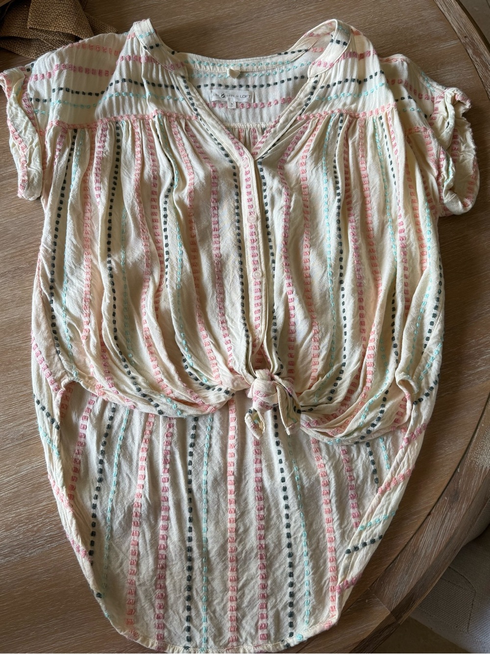 Lou & Grey Cream Striped Tie-Front Short Sleeve Top